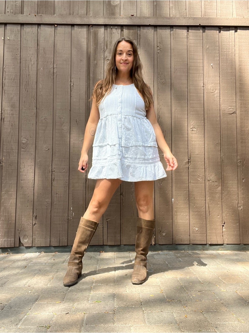 Free People Light Blue Tiered Striped Button-Front Tunic Tank Adjustable Small